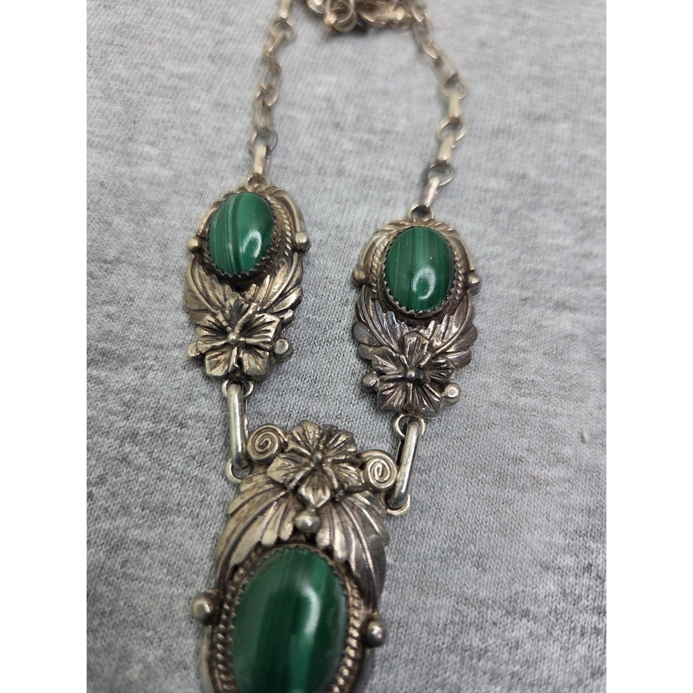 Rare Roie Jaque Navajo Signed Sterling Silver Malachite Floral Necklace OOAK - Picture 6 of 15